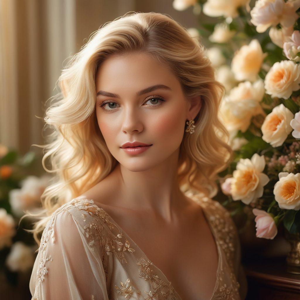 An elegant blonde woman depicted in a soft, intimate portrait, exuding grace and allure. She is surrounded by delicate flower arrangements, with warm, ambient lighting highlighting her features. The background is softly blurred to bring focus to her enchanting expression and flowing hair. Include a subtle hint of glamour through golden accents. super-realistic. vibrant colors. soft focus.
