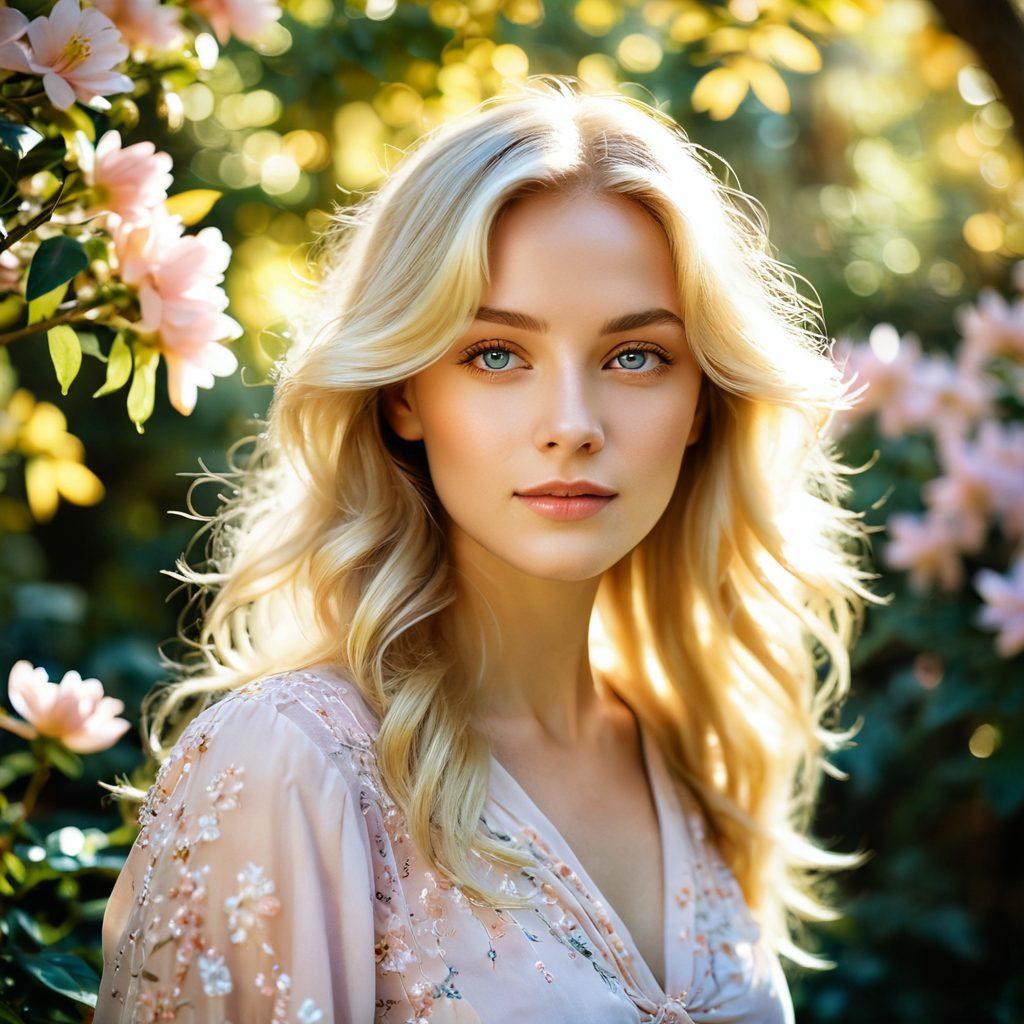 A captivating photograph showcasing a radiant blonde woman amidst a lush, ethereal garden, her hair flowing like golden sunshine. Soft focus on her expressive eyes that reflect emotions, with a color palette of warm pastels creating a dreamy atmosphere. Delicate petals scatter around her, enhancing the allure of her beauty. The light filters through trees, casting whimsical shadows. soft focus, super-realistic, vibrant colors.
